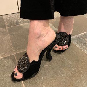 Black Velvet Curved Heel Crystal Flower Peep Toe Mules